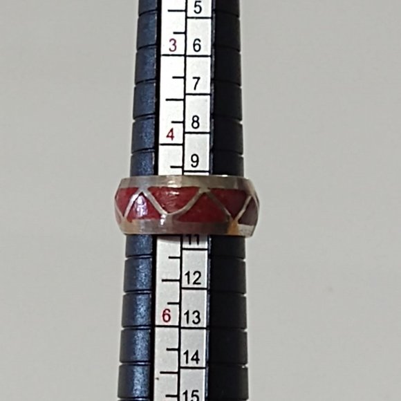 Sterling Silver Red Coral Chip Inlay Native American Western Ring Size: 3 Or 5 - Picture 9 of 11
